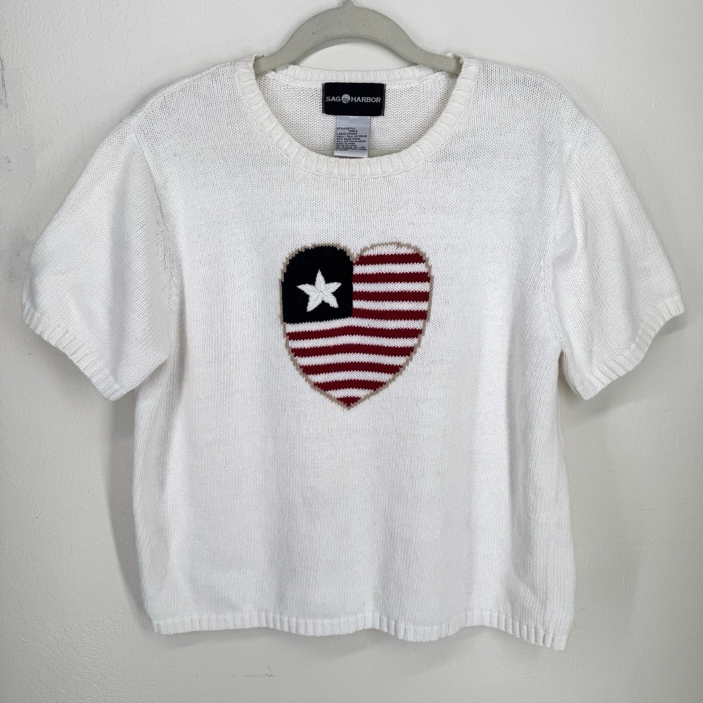 Vintage American Flag Knit Sweater L Coastal Fisherman Preppy Heritage Patriotic